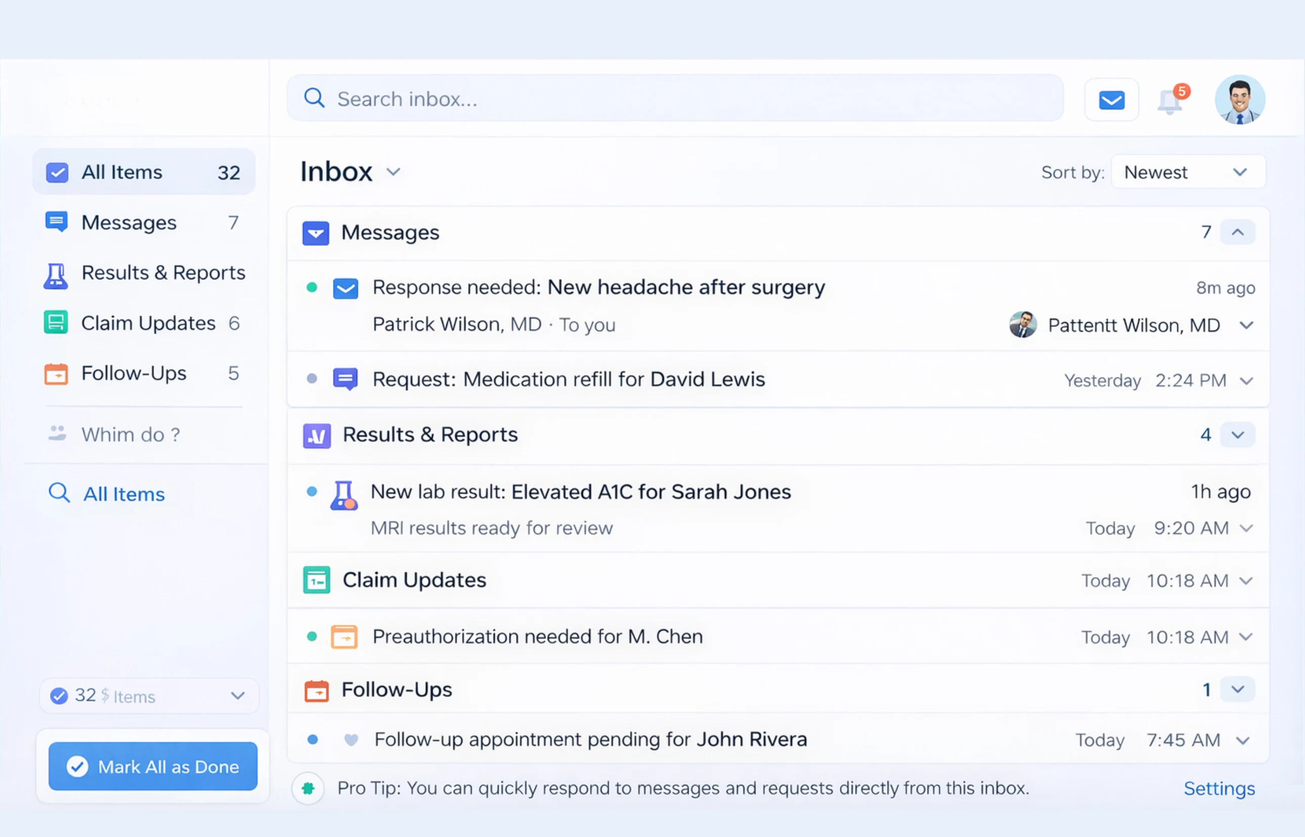 Smart Inbox triaging messages, refills, and results